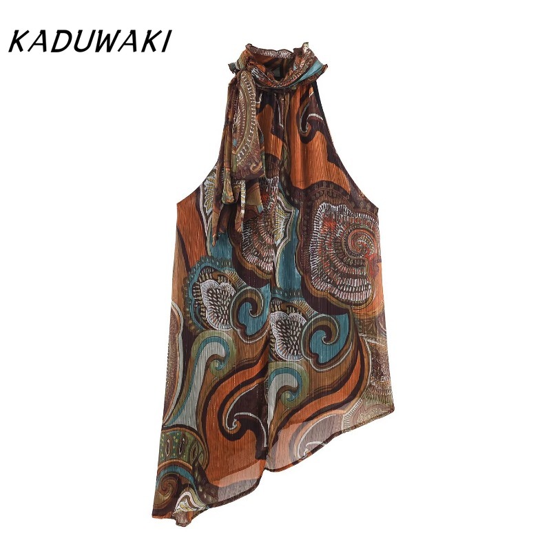 KADUWAKI Crop Top Femme Imprimé Élégant Polyvalent Asymétrique Style Rétro Américain Années 90 Hawaïen pour Fête à la Plage
