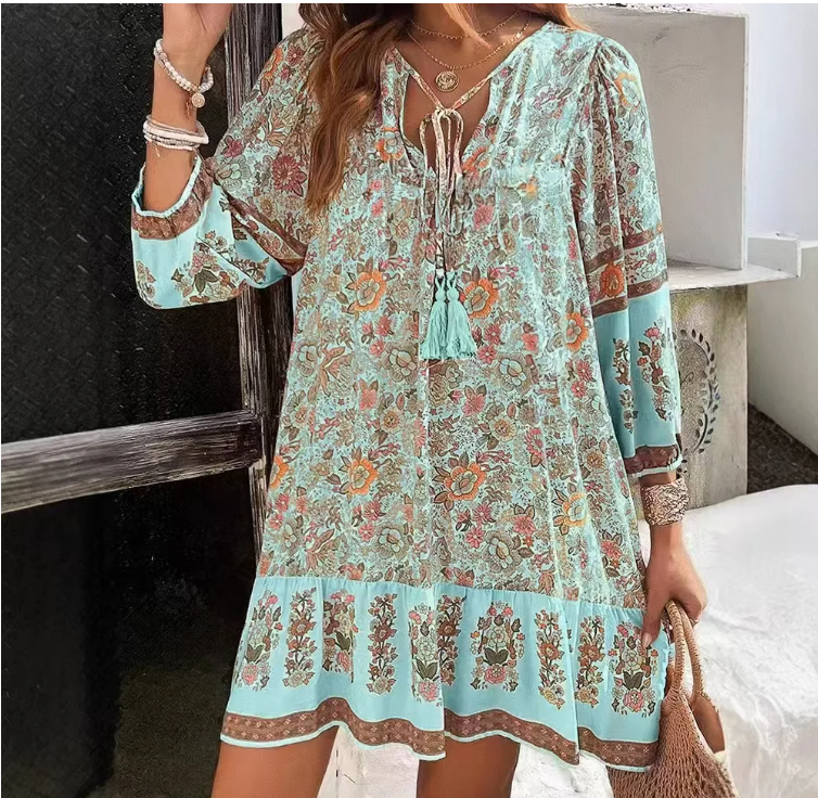 Robe ample à imprimé décontracté pour femmes, à manches longues, col en V, à lacets, style vintage, pull-over, vêtements de vacances bohèmes pour femmes