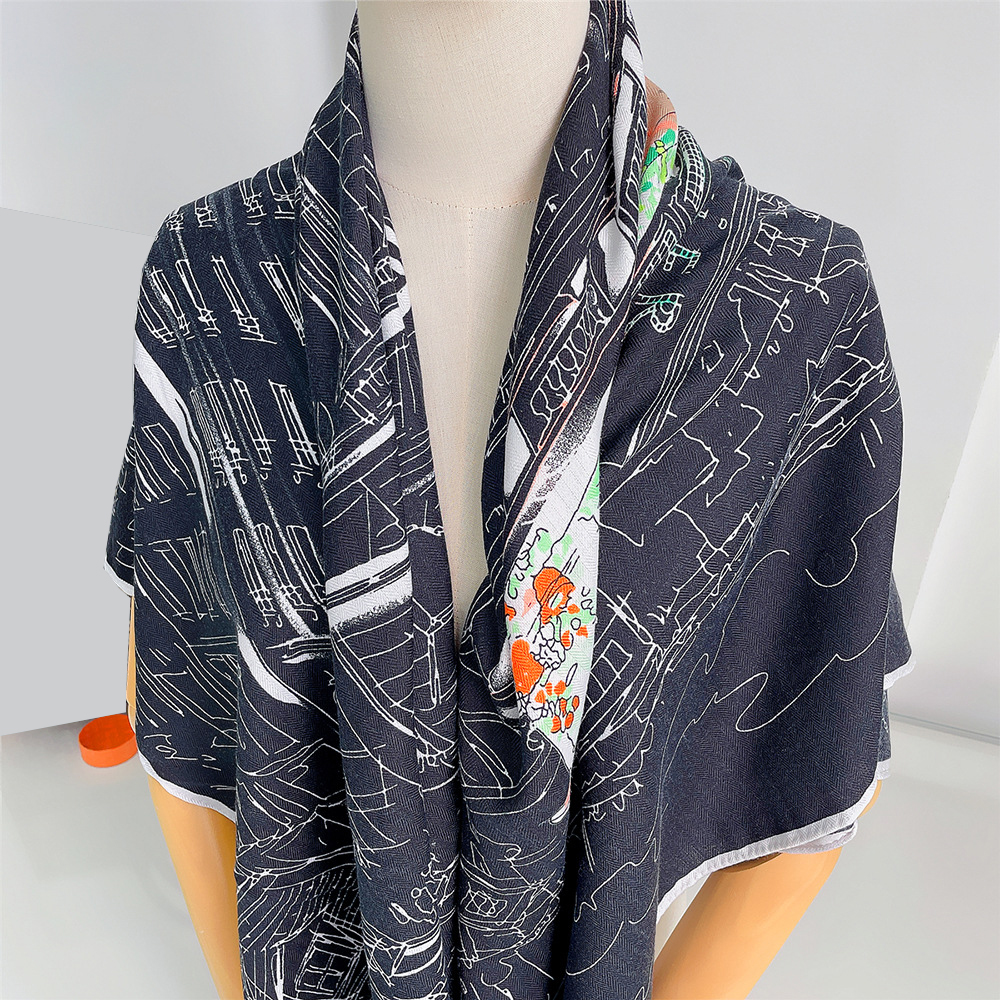 Écharpe en Cachemire pour Femme, Châle Roulé à la Main, Imprimé Ville de Nuit, Carré, Bandana, Grands Hijabs, 130cm