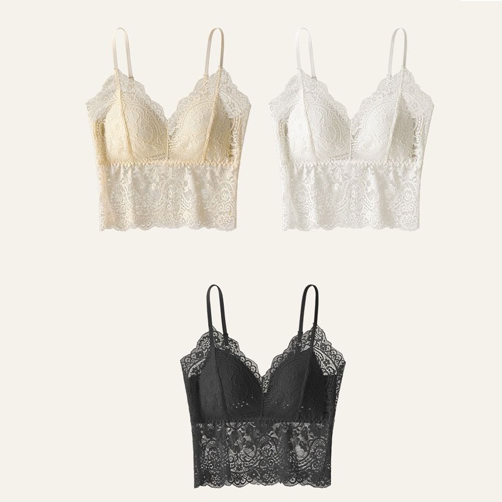 Débardeur court en dentelle française sans couture, à porter seul, pour fille, col en V avec coussinets de poitrine, camisole avec coussinets, sous-vêtement, débardeur