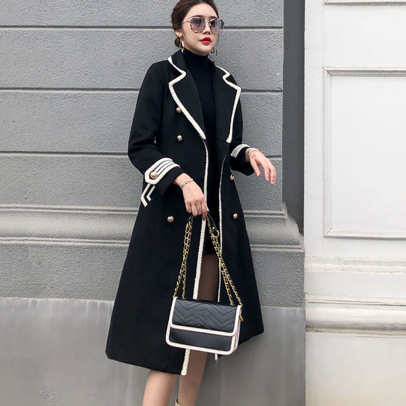 Nouveau manteau Long en laine pour femme automne hiver épais mince noir Double boutonnage Trench manteaux femme coréenne décontracté Parker pardessus
