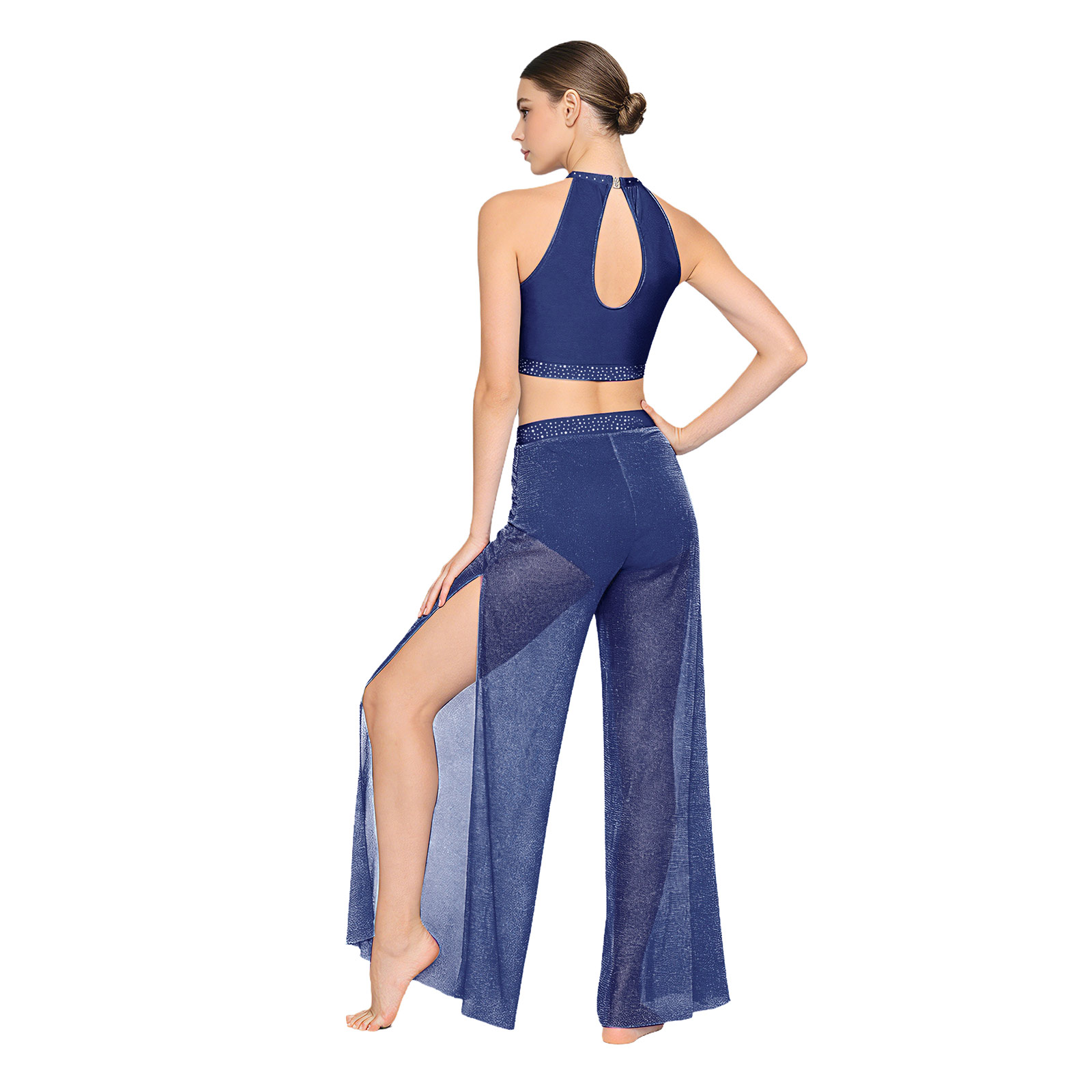 Tenue de danse lyrique moderne pour femmes, débardeur sans manches avec strass et pantalon en maille scintillante pour spectacle sur scène