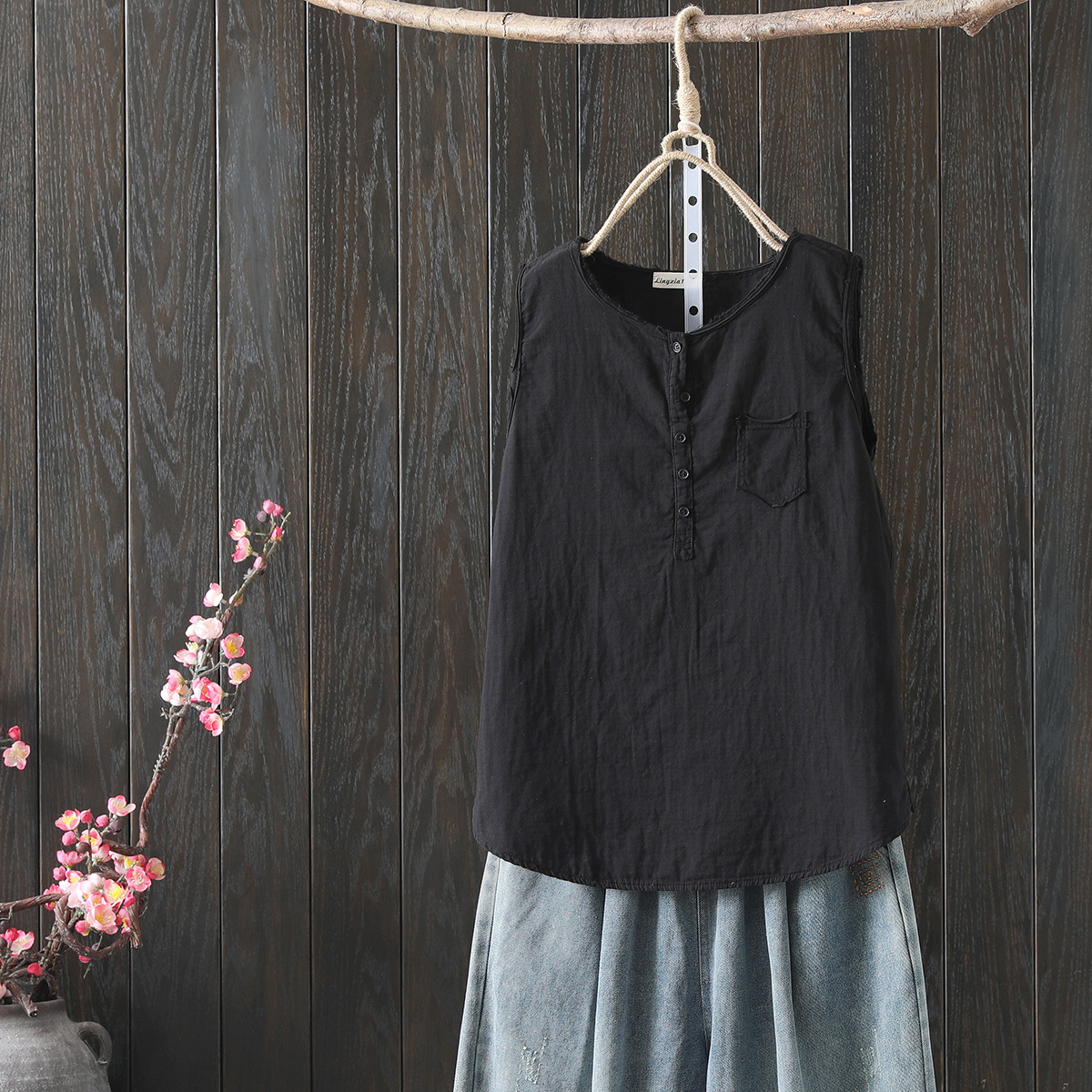 Débardeur en coton pour femmes, mode japonaise, T-Shirts amples sans manches, hauts Mori Girl, chemises décontractées boutonnées, été