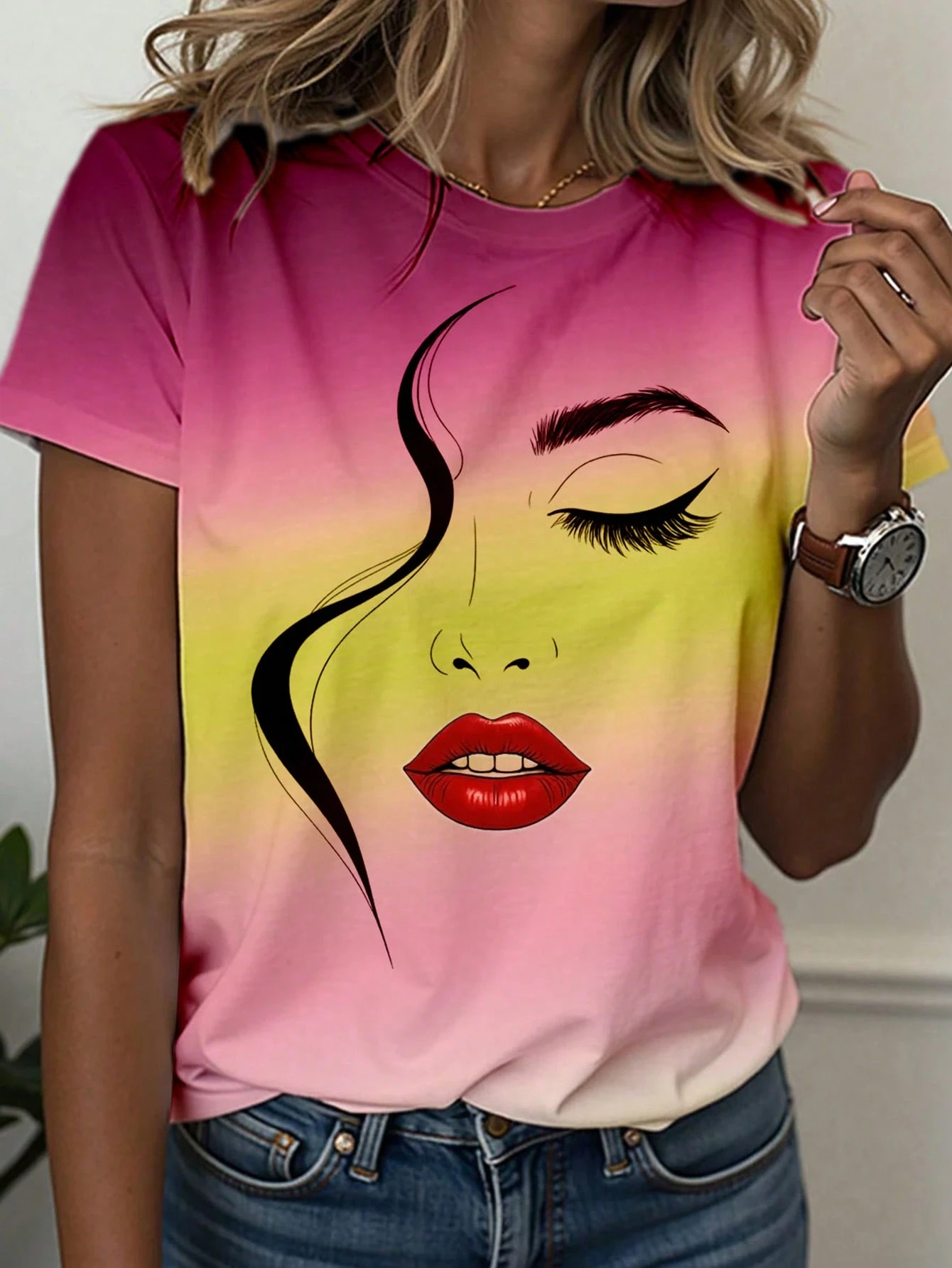 T-Shirt femme abstrait visage ligne Art graphique imprimé hauts décontracté col rond manches courtes T-Shirt été en plein air mode femme vêtements