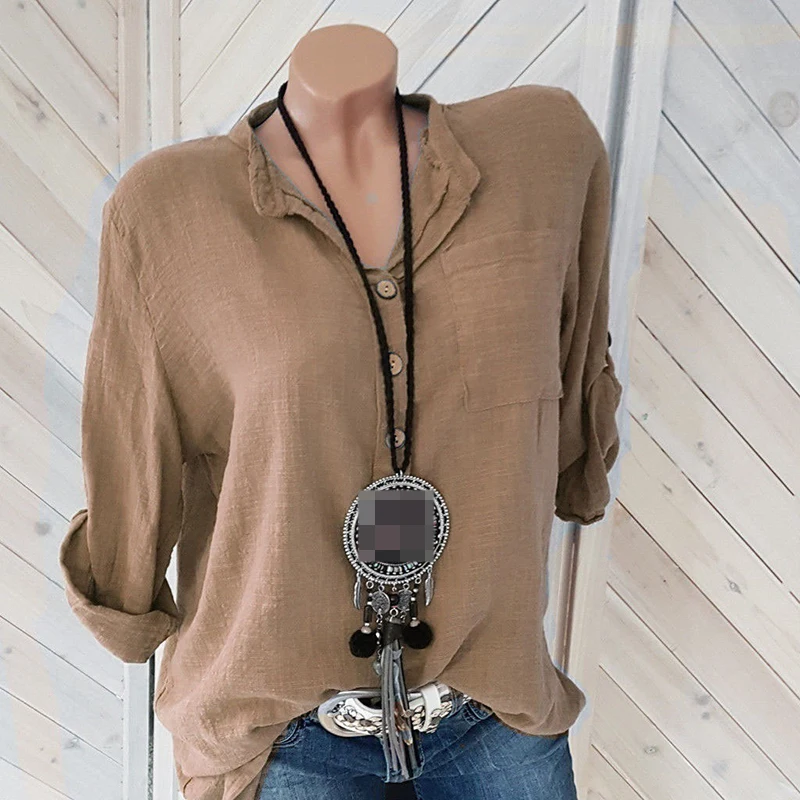 Chemisier en coton et lin pour femmes, chemises d'automne décontractées à manches longues, col en V, chemise ample, hauts pour dames, T-Shirts sur mesure