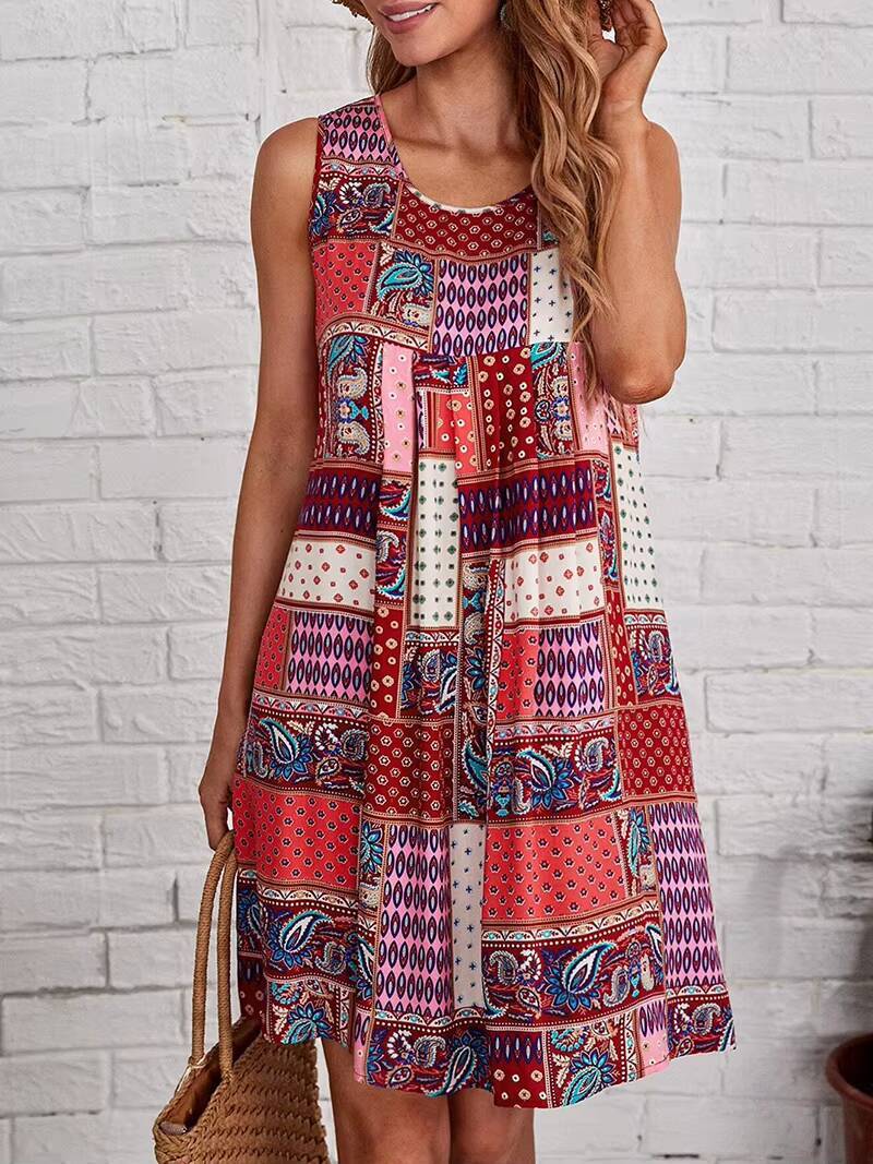 Robe patchwork Paisley pour femmes, sans manches, col rond, ligne A, mini-robe bohème, tenue décontractée de plage, flatteuse et confortable, printemps et été