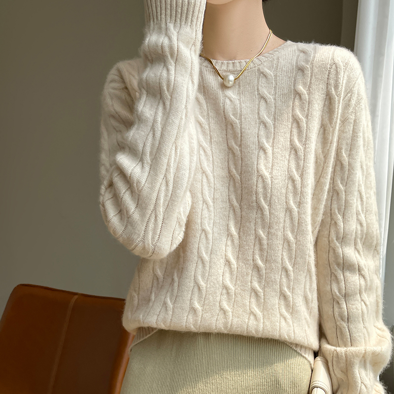 Pull épais en laine mérinos pour femme, col rond, pull torsadé, tricots décontractés en cachemire, manches longues, bas, automne, hiver