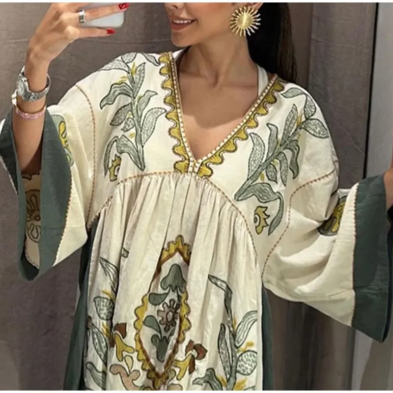 Mini Robe en Coton et Lin Style Boho pour Femme, Broderie Florale, Éducative, Manches Évasées, Décontractée, Surdimensionnée, pour l'Été