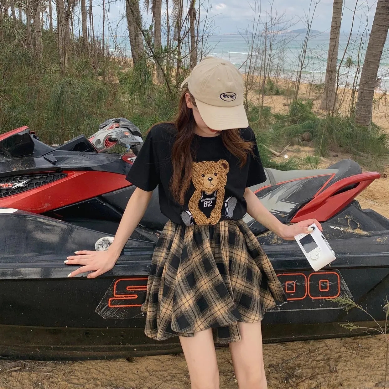 Ensemble jupe et haut d'été pour femme, t-shirt noir à manches courtes, jupe à carreaux trempée, mode esthétique