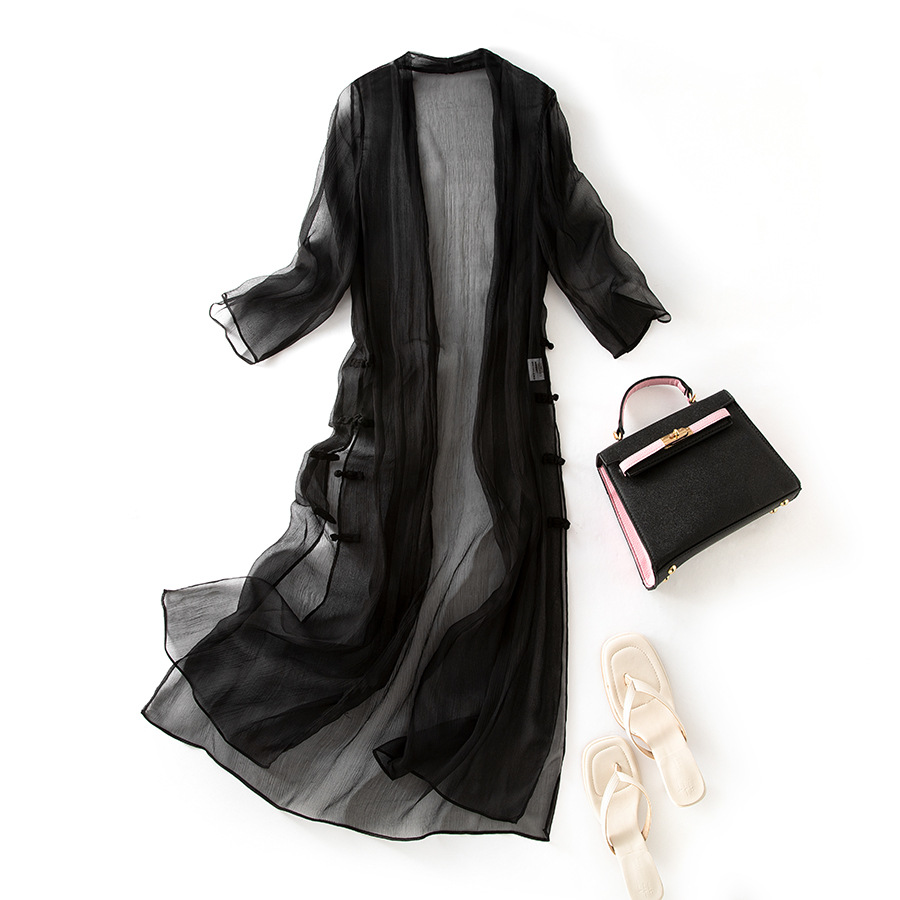 Winsleter - Hauts élégants 100 % soie anti-UV, Cardigan long ample et fin à manches mi-longues pour femme, couleur unie, Été 2025 T53964CC