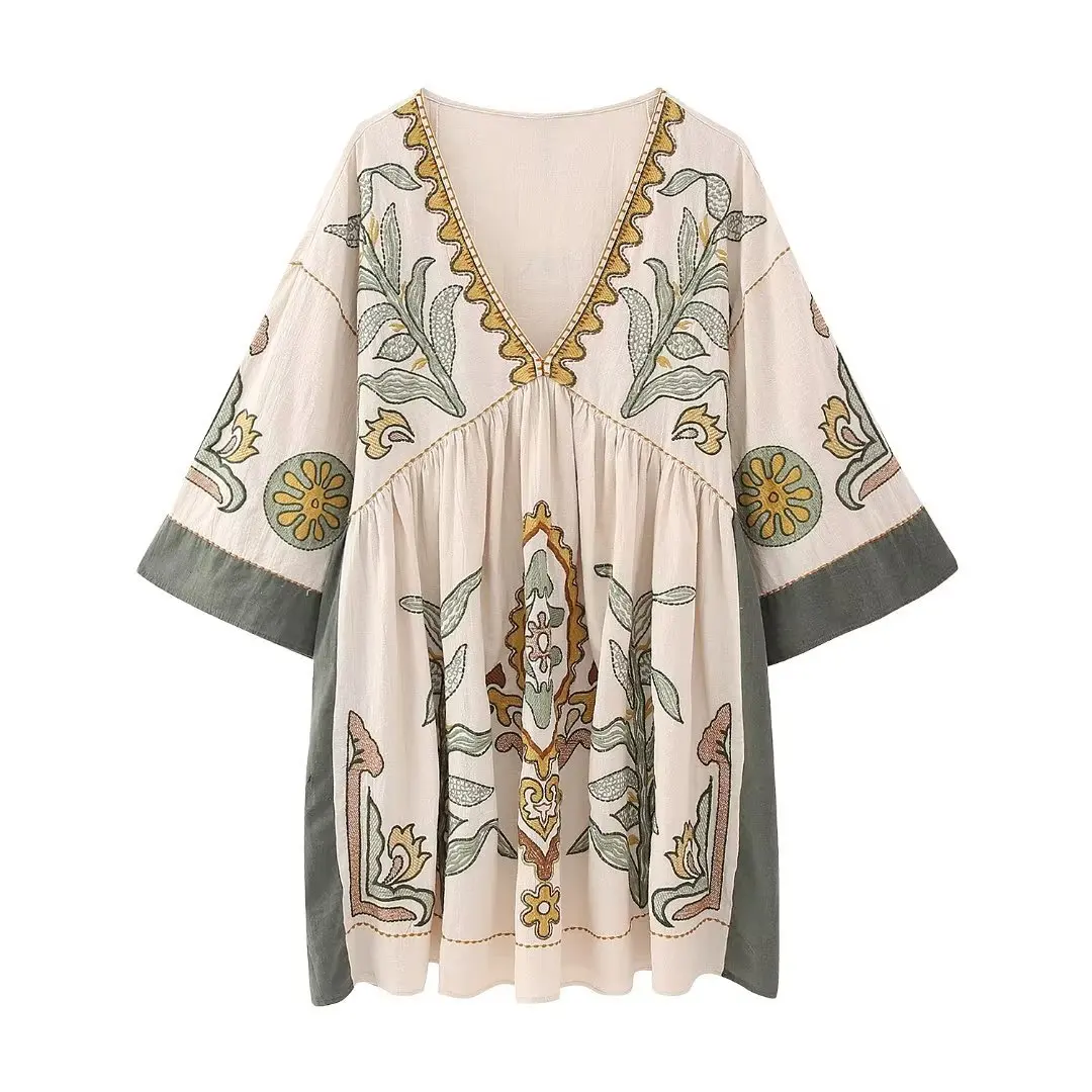 Mini Robe en Coton et Lin Style Boho pour Femme, Broderie Florale, Éducative, Manches Évasées, Décontractée, Surdimensionnée, pour l'Été