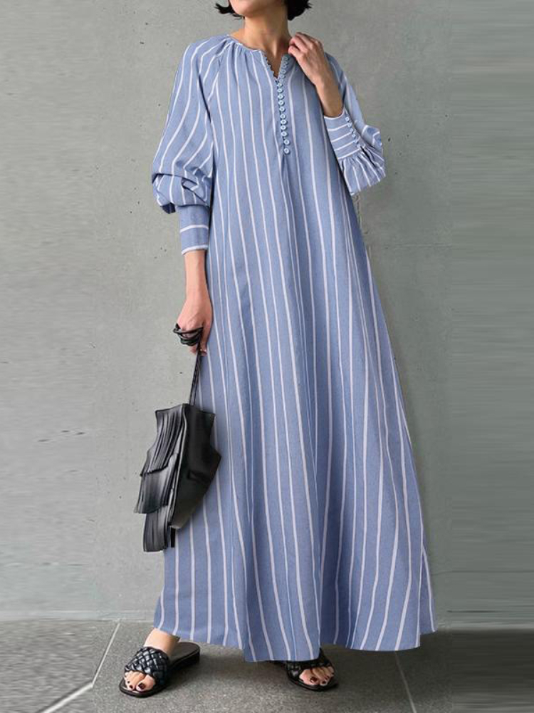 Robe longue à rayures en lin pour femmes, 2024 coton, col rond, manches longues, simple, adt, pull vintage, robe élégante pour femmes