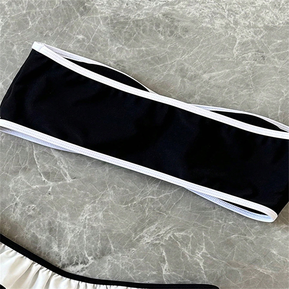 Maillot de bain Bandeau noir Bikinis ensembles blanc bordure à volants maillot de bain Bikini string femmes plage maillot de bain Biquini Feminino