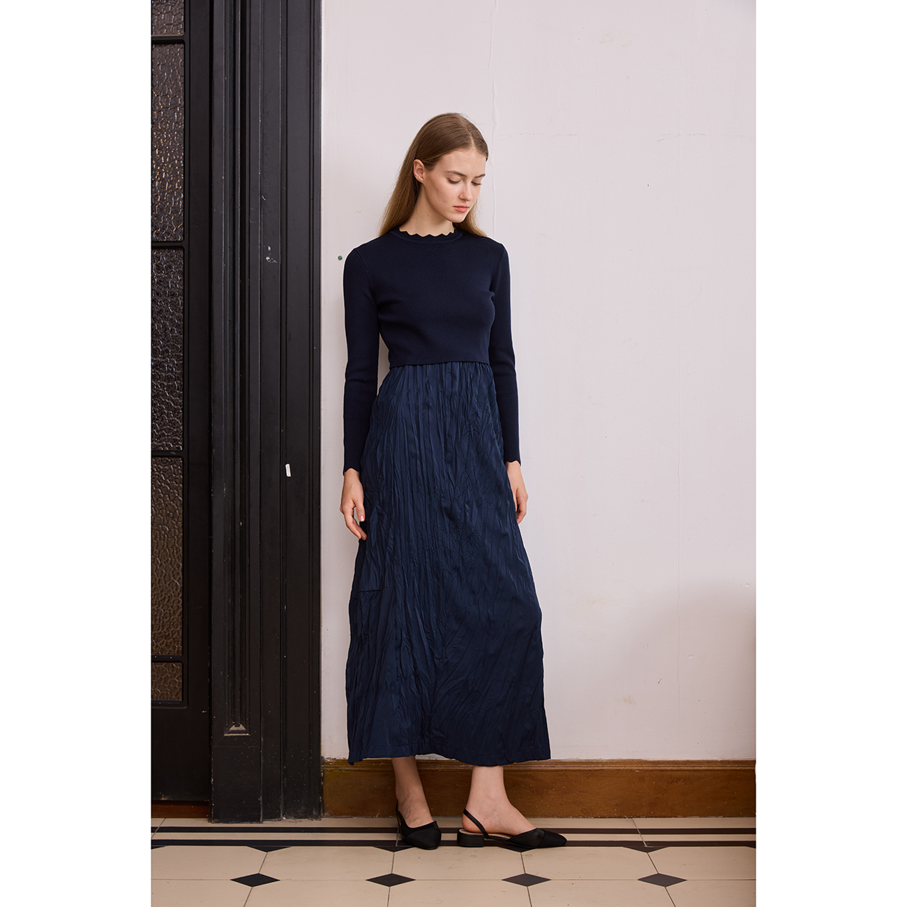 AP 2026 femmes automne et hiver robe froissé tricot Patchwork élégant dame robe Maxi