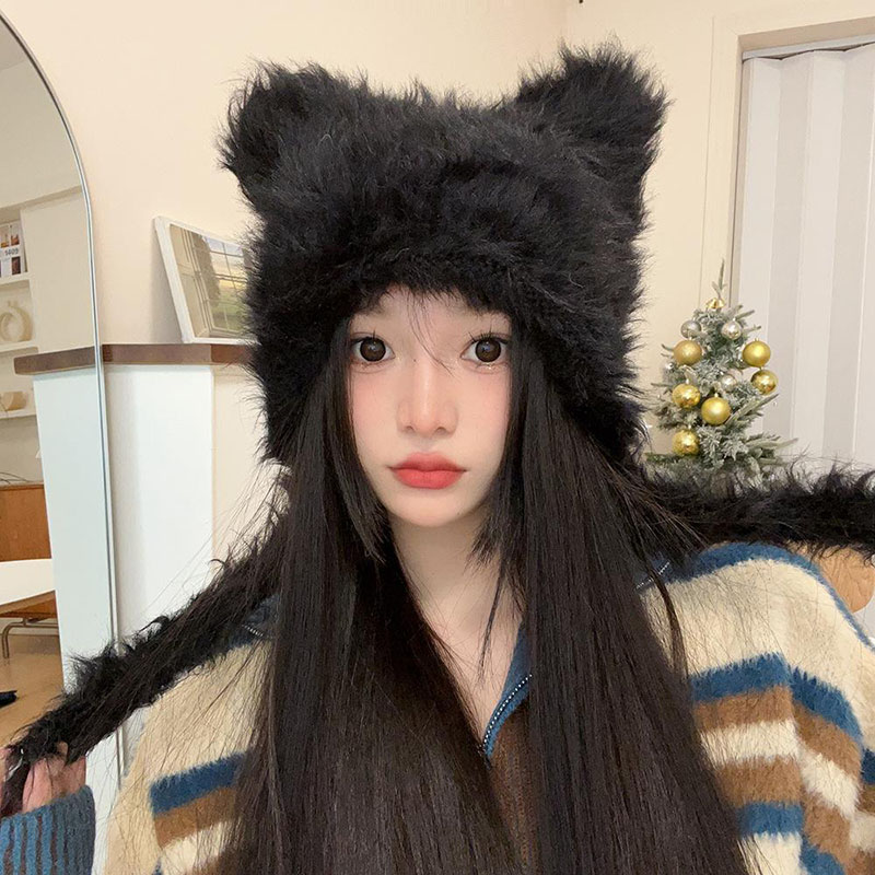 Chapeau d'hiver en peluche pour femmes, bonnet chaud de Protection des oreilles, bonnet pour filles, mignon, couleur unie, fausse fourrure, tricoté chaud
