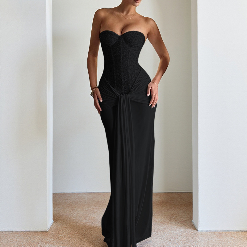 Nouvelle robe de soirée longue, robe cintrée à la taille, robe élégante sans bretelles avec ruban, style vacances