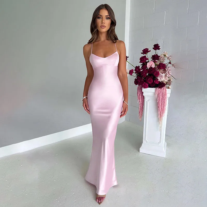 Robe sirène en Satin pour femmes, Sexy, bretelles Spaghetti, élégante, dos nu, à lacets, sans manches, Slim, moulante, longue robe de soirée