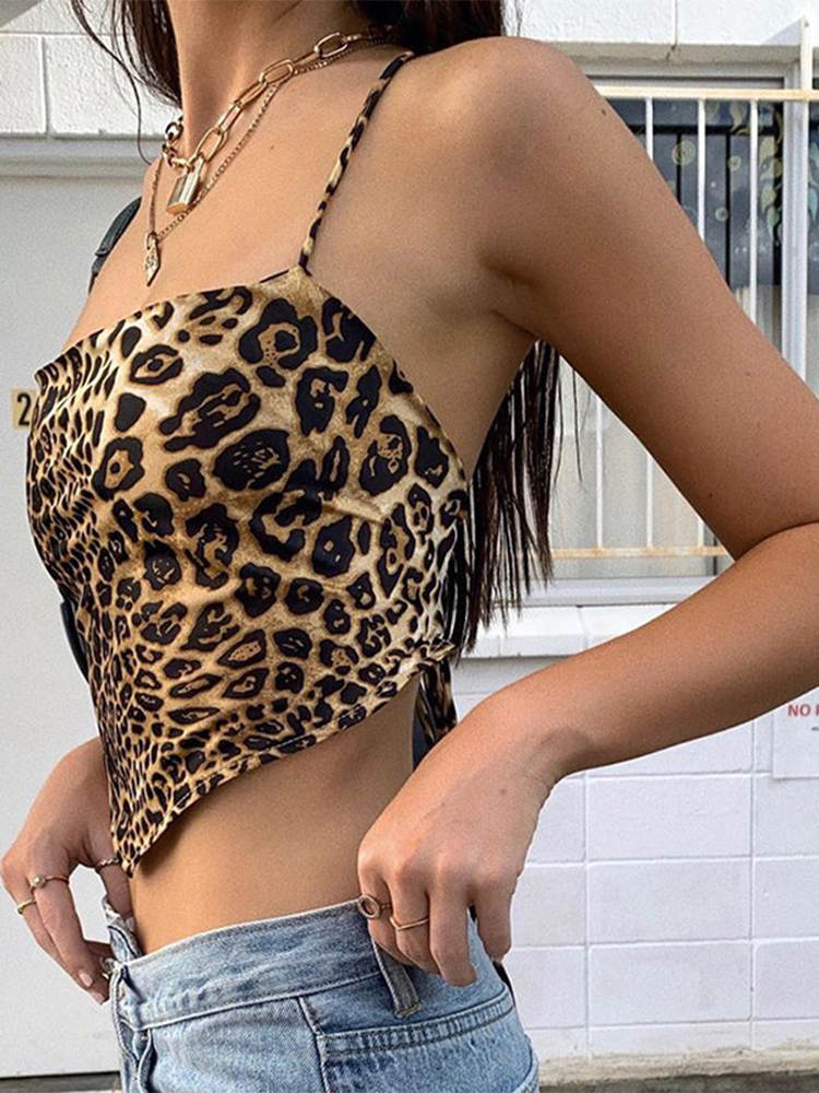 Top court à lacets motif léopard pour femmes, bralette dos nu, haut court, précieux, sexy, tenues rave, fibrCross, streetwear, été