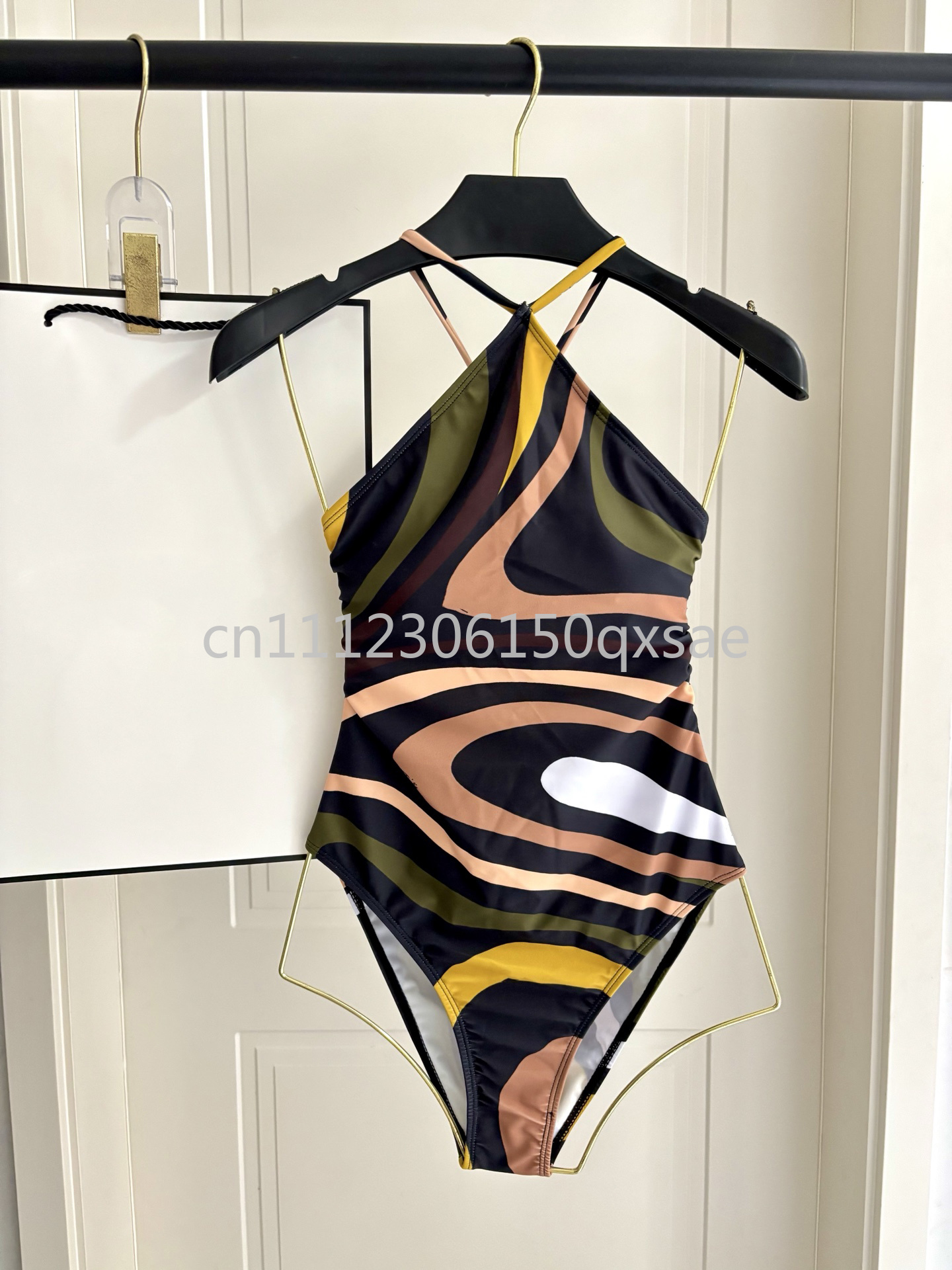 Maillots de bain pour femmes de luxe, marron, avec foulard et logo signature de créateur, style classique, avec ruban