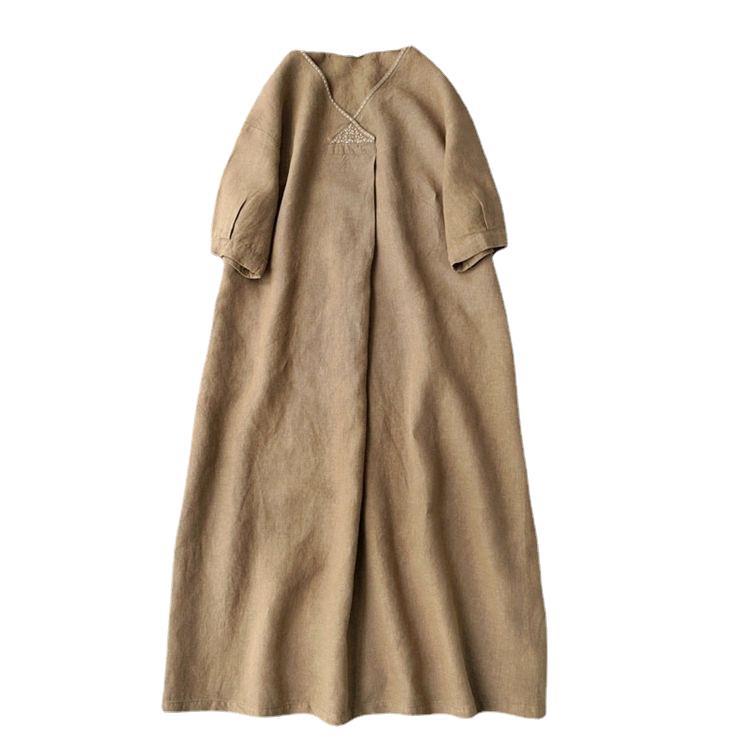 Robe Midi Confortable en Coton et Lin à Col en V pour Femme, Grande Taille, Modèle d'Été Ample à Manches Courtes, Design Artistique