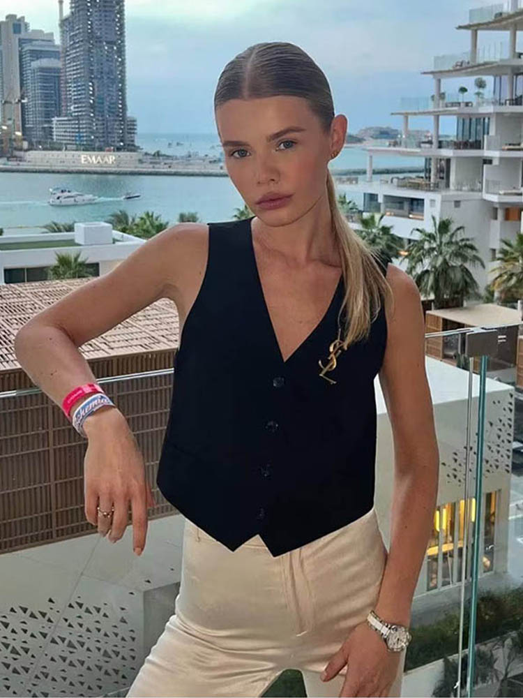 Gilet court à simple boutonnage pour femme, col en V, poche, mode décontractée, fibre recadrée, manteau Streetwear simple, été, 2024