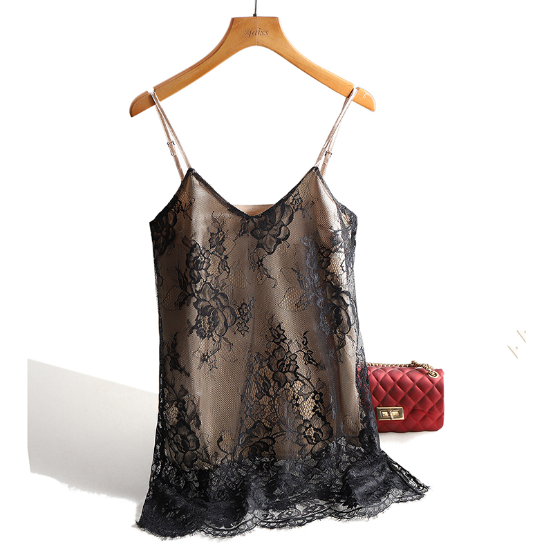 Sexy dentelle Spaghetti sangle haut femmes licou col en V basique Cami sans manches Satin soie débardeurs été Camisole grande taille