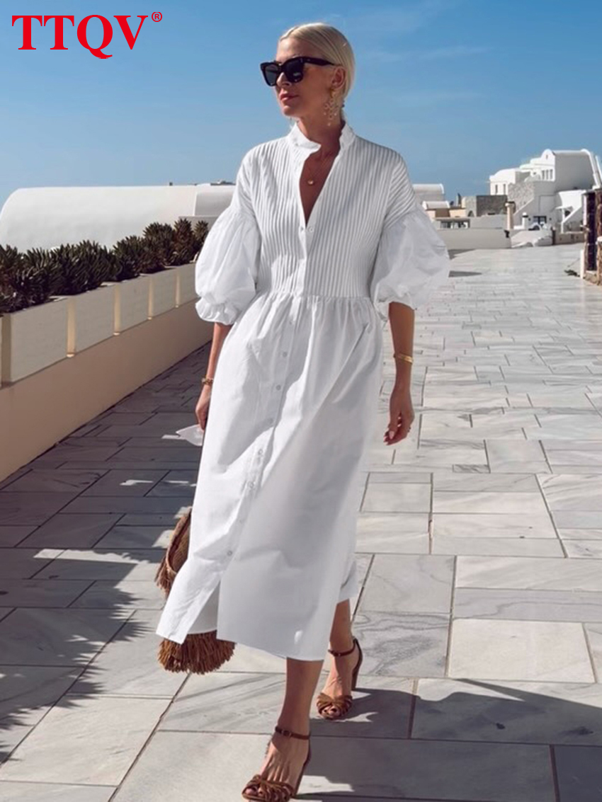 Robe décontractée en coton blanc ample pour femme TTQV, col montant, manches mi-longues, robe midi élégante classique à lacets pour femme