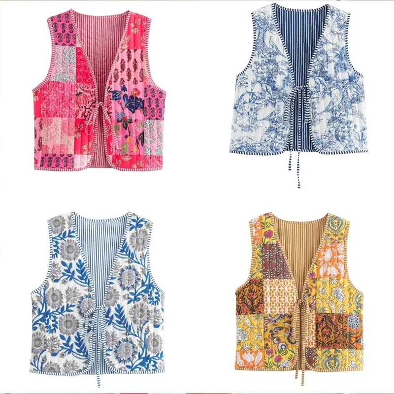 Gilet matelassé sans manches pour femme, style ethnique, imprimé floral patchwork, avec laçage à la taille, coupe courte chic 2024