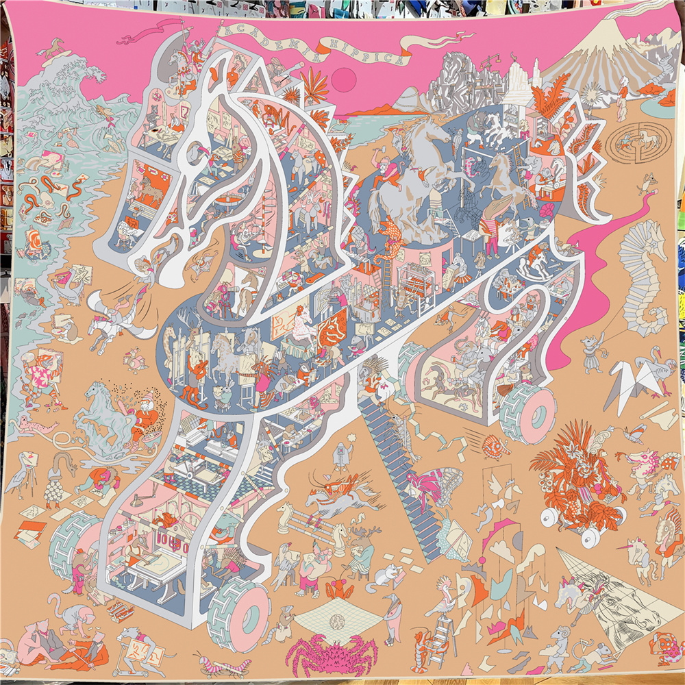 Foulard carré 135 cm en 30 % soie et 70 % cachemire pour femme, imprimé chevaux, bords roulés à la main, grands hijabs, bandanas, écharpes et foulards féminins
