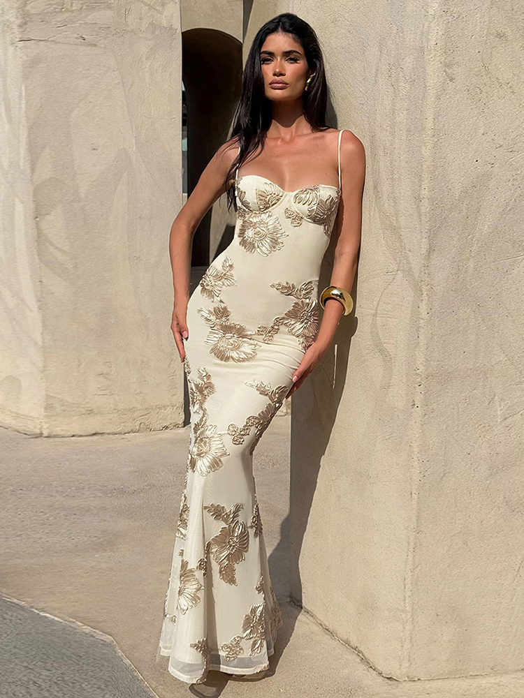 Cutenew tendance sans manches femmes Maxi robes mode Sexy bretelles col bas dos nu pansement moulante femme fête longue Robe