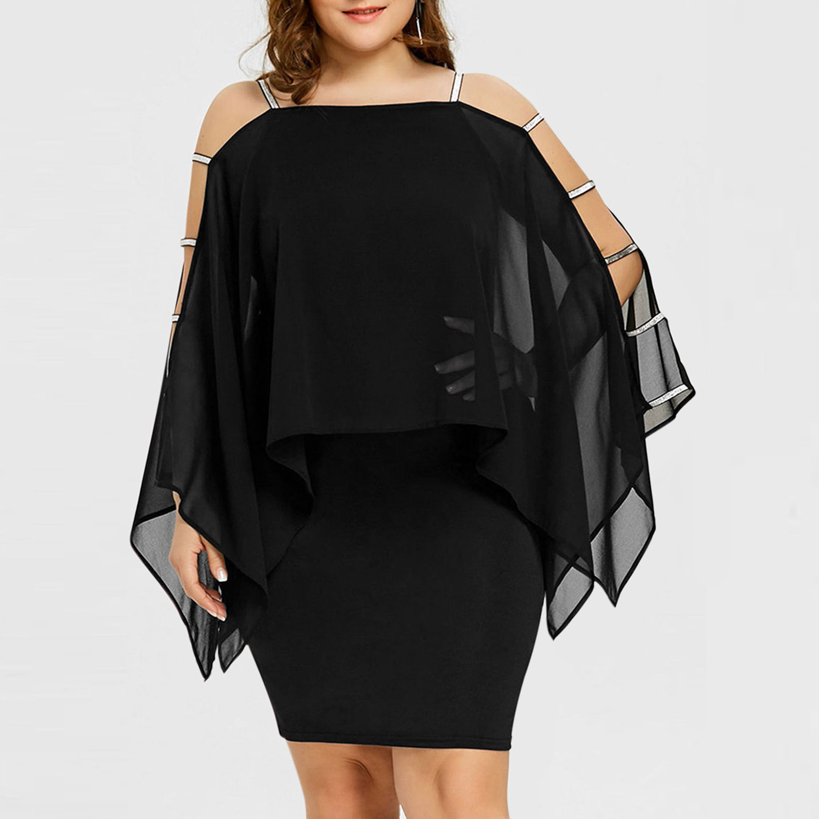 Robe de soirée en mousseline de soie, grande taille, Sexy, épaules dénudées, ajourée, élégante, manches Cape, moulante