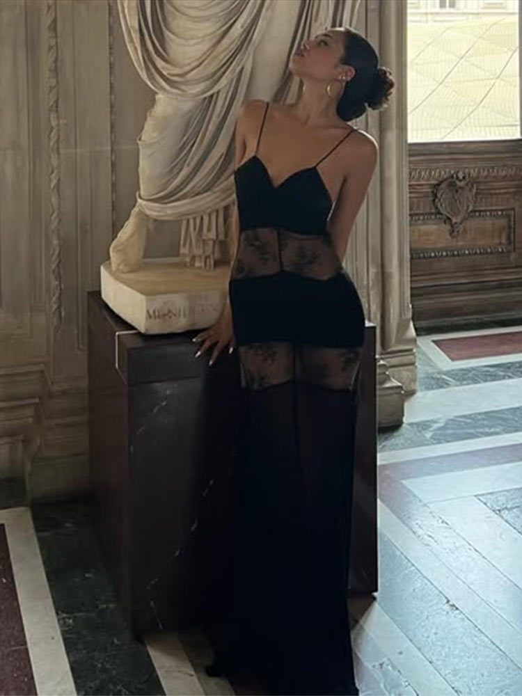 Robes longues en dentelle pour femmes, couleur unie, Slim, épissure, col licou, ajouré, dos nu, Robe Sexy pour femmes