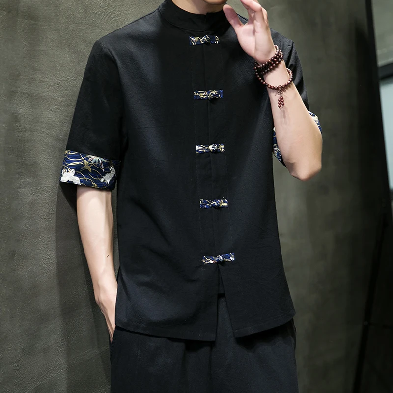 Chemise Kimono japonaise pour hommes, rétro chinois, imprimé décontracté, coton et lin, couture, hauts à manches courtes, haut d'été de qualité, Streetwear pour hommes