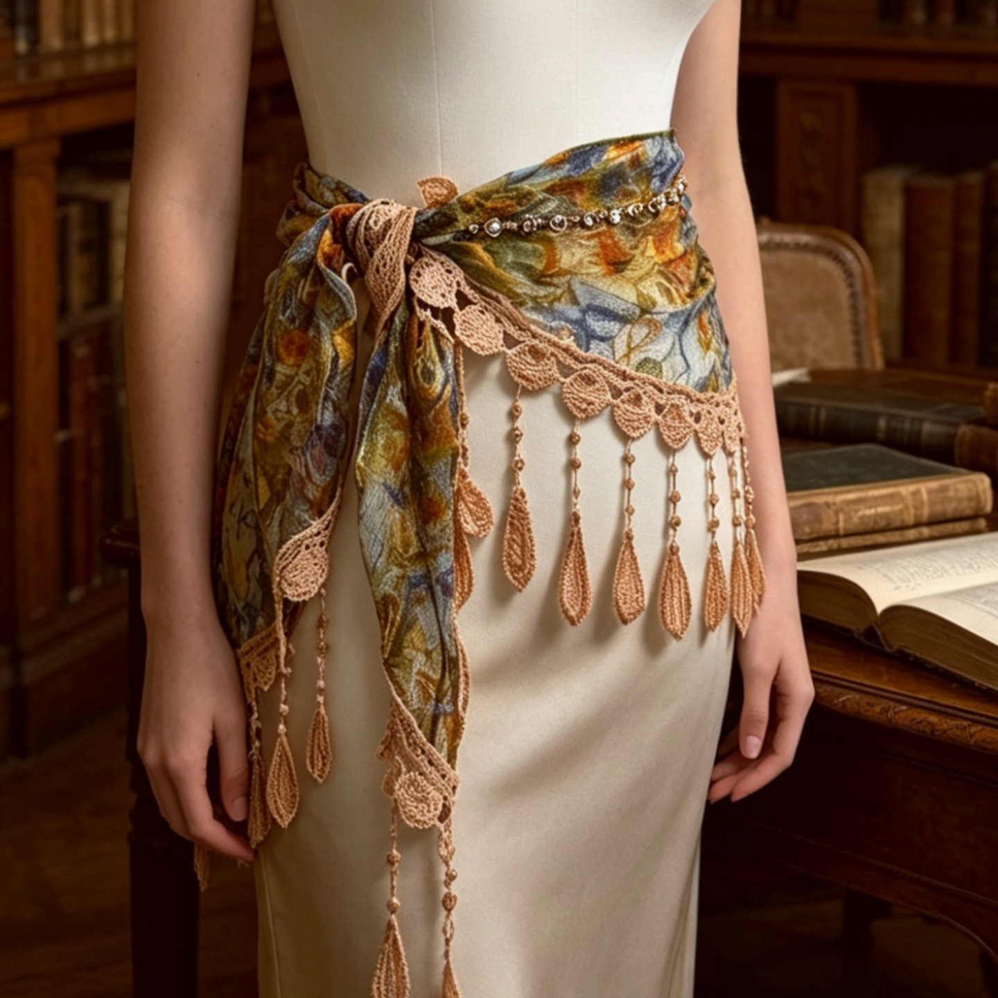 Écharpe triangulaire bohème tendance avec dentelle, châle à franges pour femme, foulard de plage d'été, ceinture de taille pour les vacances