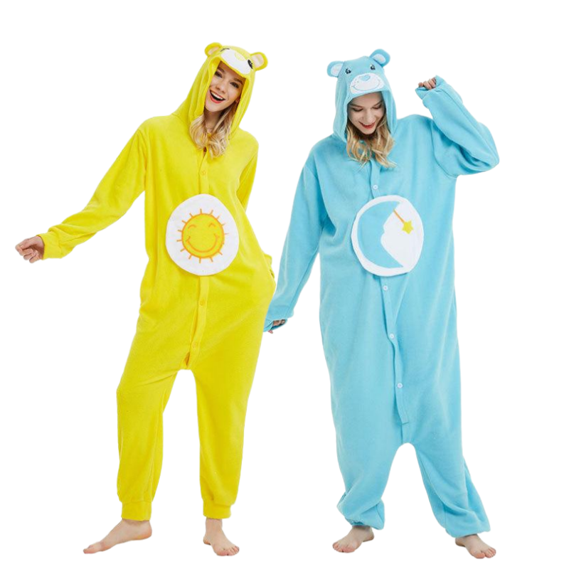 Pyjama Animal Multiple pour adultes, body à capuche, combinaison de couleur unie, dessin animé, unisexe, jeu de rôle à domicile, ours soleil, mignon Couple, costume chaud