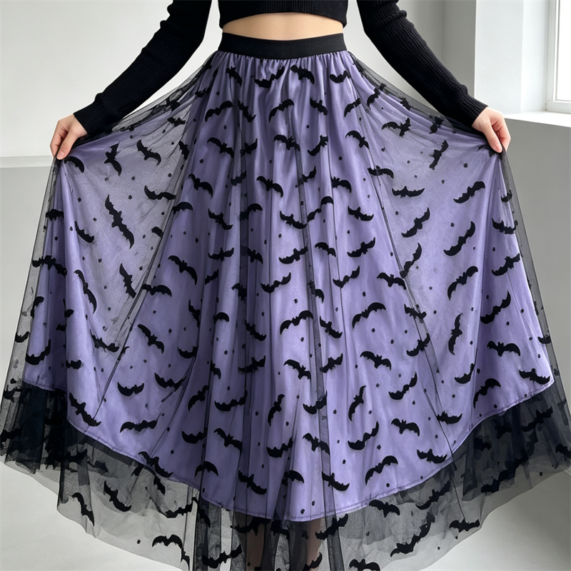 KAROFI Jupe longue en tulle pour femmes, style gothique, imprimé chauve-souris, taille haute, coupe A-line, ourlet en dentelle noire, jupe pour fête d'Halloween
