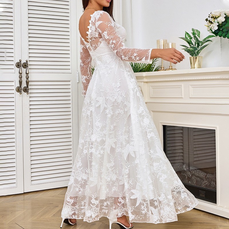 Nouvelle Robe Longue Femme 2026 en Dentelle, Col en V Profond, Manches Longues, Robe de Soirée, Vestidos De Festa