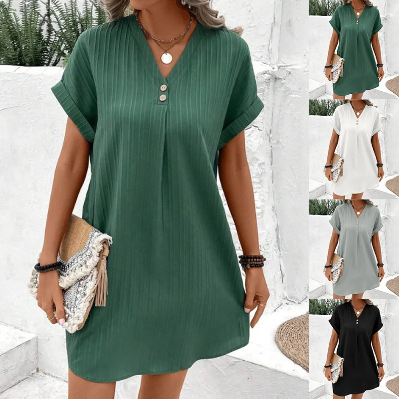 Robe t-shirt à manches courtes et col en V pour femmes, robe d'été monochrome, vêtements de plage baggy, mode pour femmes