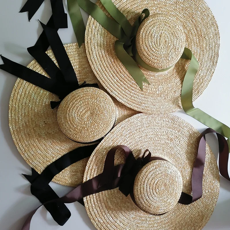 Chapeaux de plage à large bord pour femmes, 15/18cm, élégant, romantique, grand chapeau de soleil avec Protection Uv, avec cravate au cou, casquettes de paille surdimensionnées à dessus plat