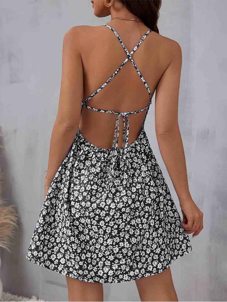 Robe caraco d'été avec petits imprimés de fleurs, dos nu, fines bretelles Spaghetti, vacances à la plage, mode féminine adaptée