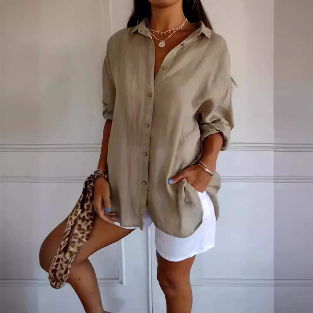 Chemise à revers à manches longues pour femmes, chemise à boutonnage simple, chemisiers en Y pour femmes, chemise décontractée pour documents, monochromatique, marron, noir, blanc, nouvelle mode