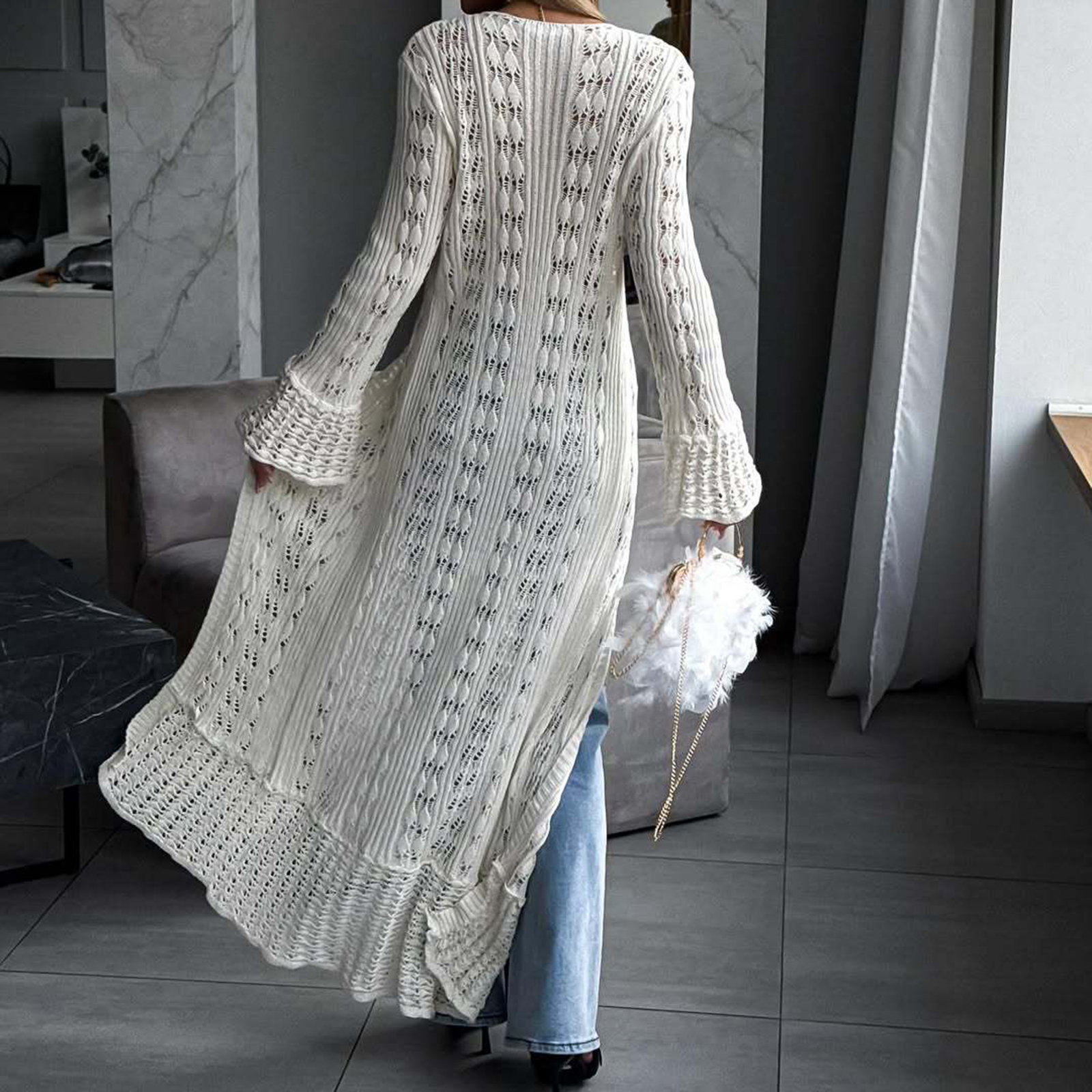 Cardigan Long pour femmes, mode Y2K, coupe cintrée, ouvert sur le devant, boutons, pull ajouré, col en V, manches longues, hauts tricotés, vêtements