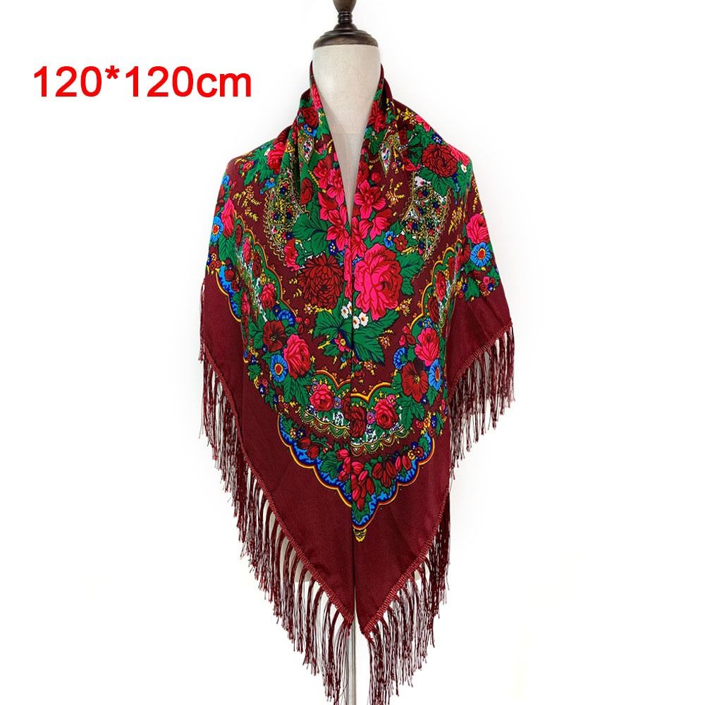 Écharpe traditionnelle russe 160*160cm, style rétro avec franges, châle surdimensionné à pompons, couvre-chef tendance