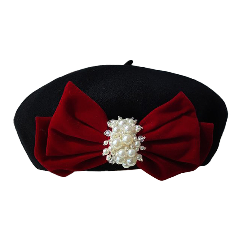Casquette de peintre en laine noire pour femmes, grand nœud en velours, élégant, à la mode, béret d'artiste doux, automne hiver