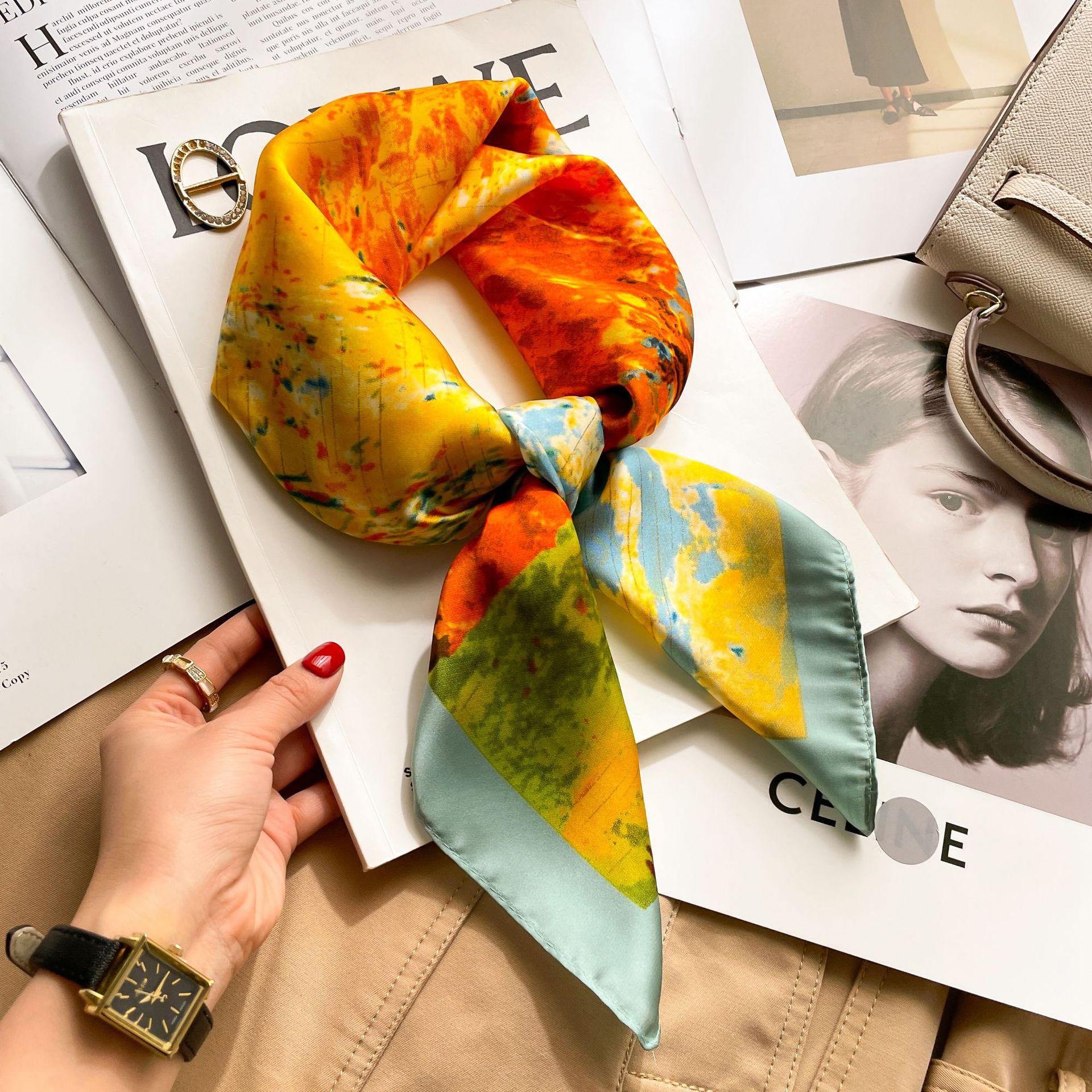 Marque imprimé fleuri soie carré Foulard femmes doux Satin Foulard bandeau Foulard tête Hijab dame bandeau Foulard sac ruban
