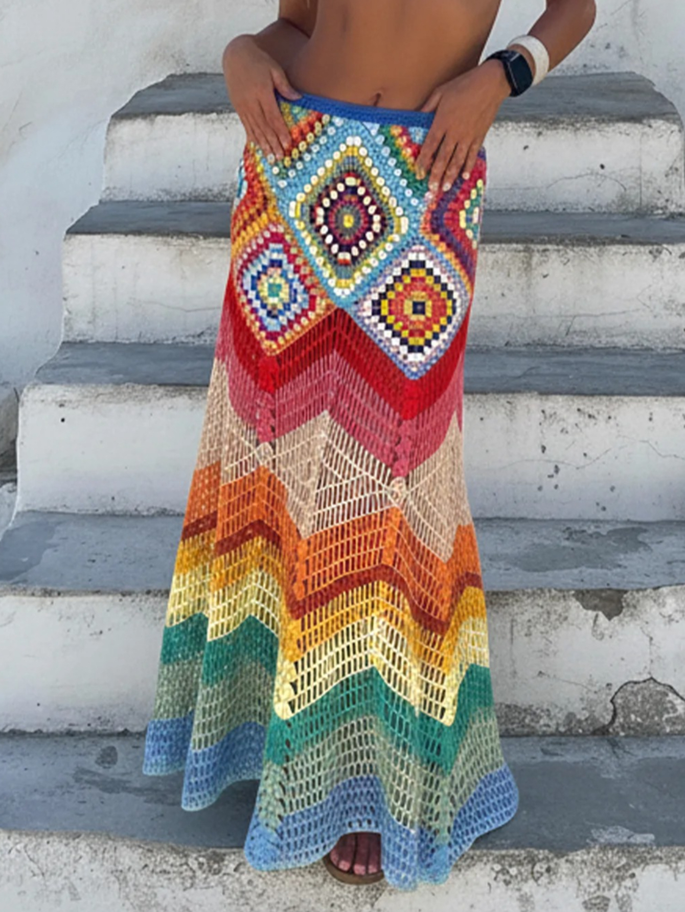 Jupe de plage ajourée en crochet colorée, cache-maillot de bain, collection 2026, pour femme, style bohème, luxueusement tricotée à la main, coupe trapèze K300