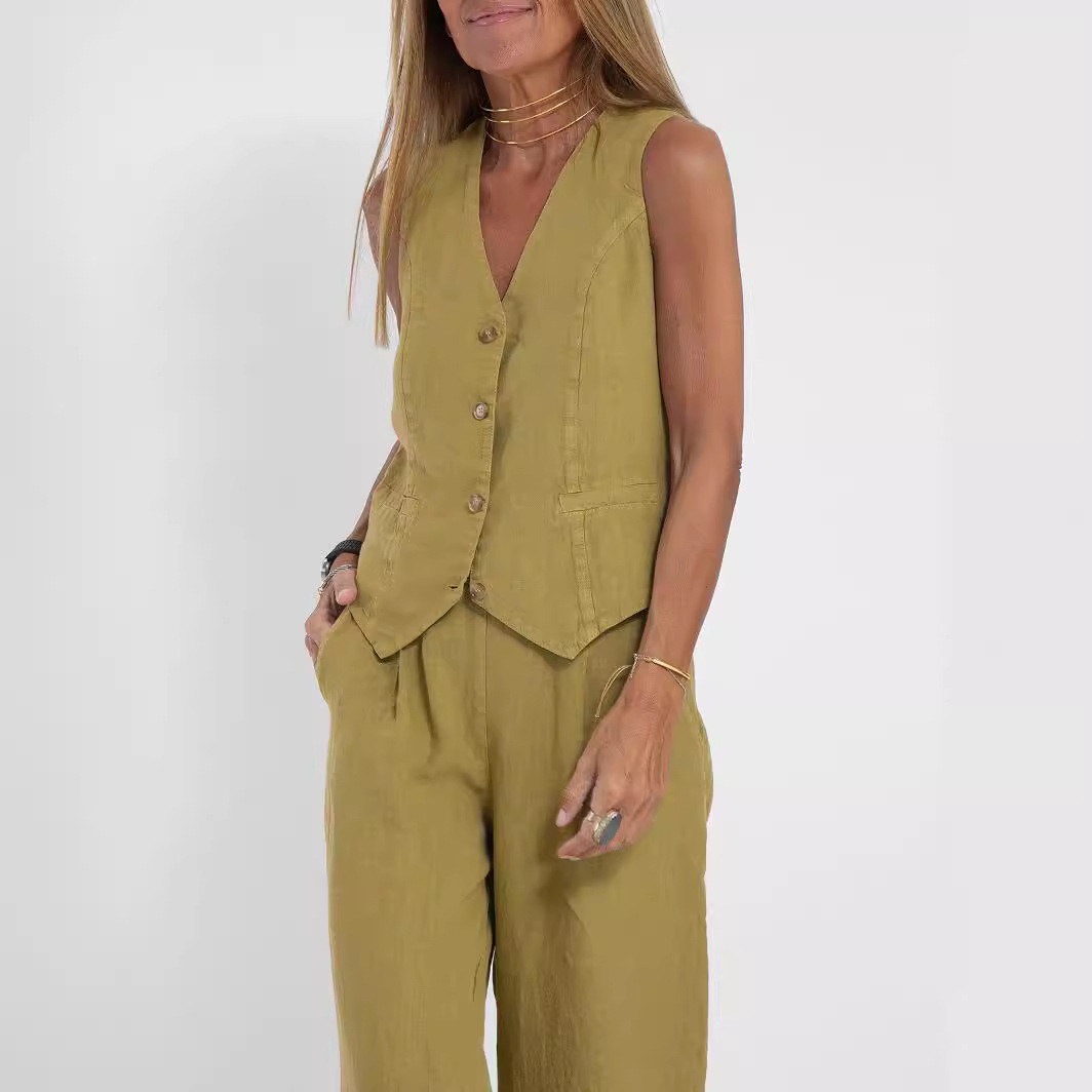 Ensembles 2 pièces pour femmes 2026 : Nouveaux ensembles décontractés en coton et lin patchwork, gilet et pantalon long, vêtements féminins