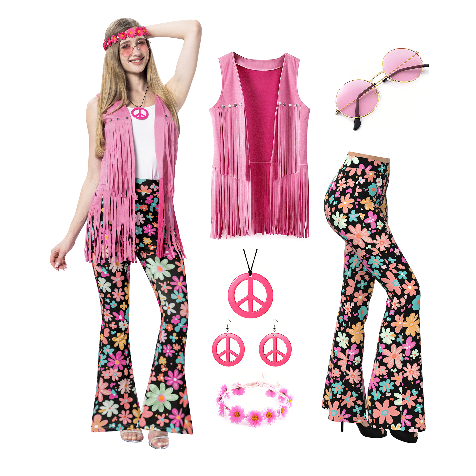 Tenues pour femmes des années 60 et 70, costume hippie rétro, gilet à franges avec signe de paix, ensemble de pantalons évasés pour fête d'Halloween