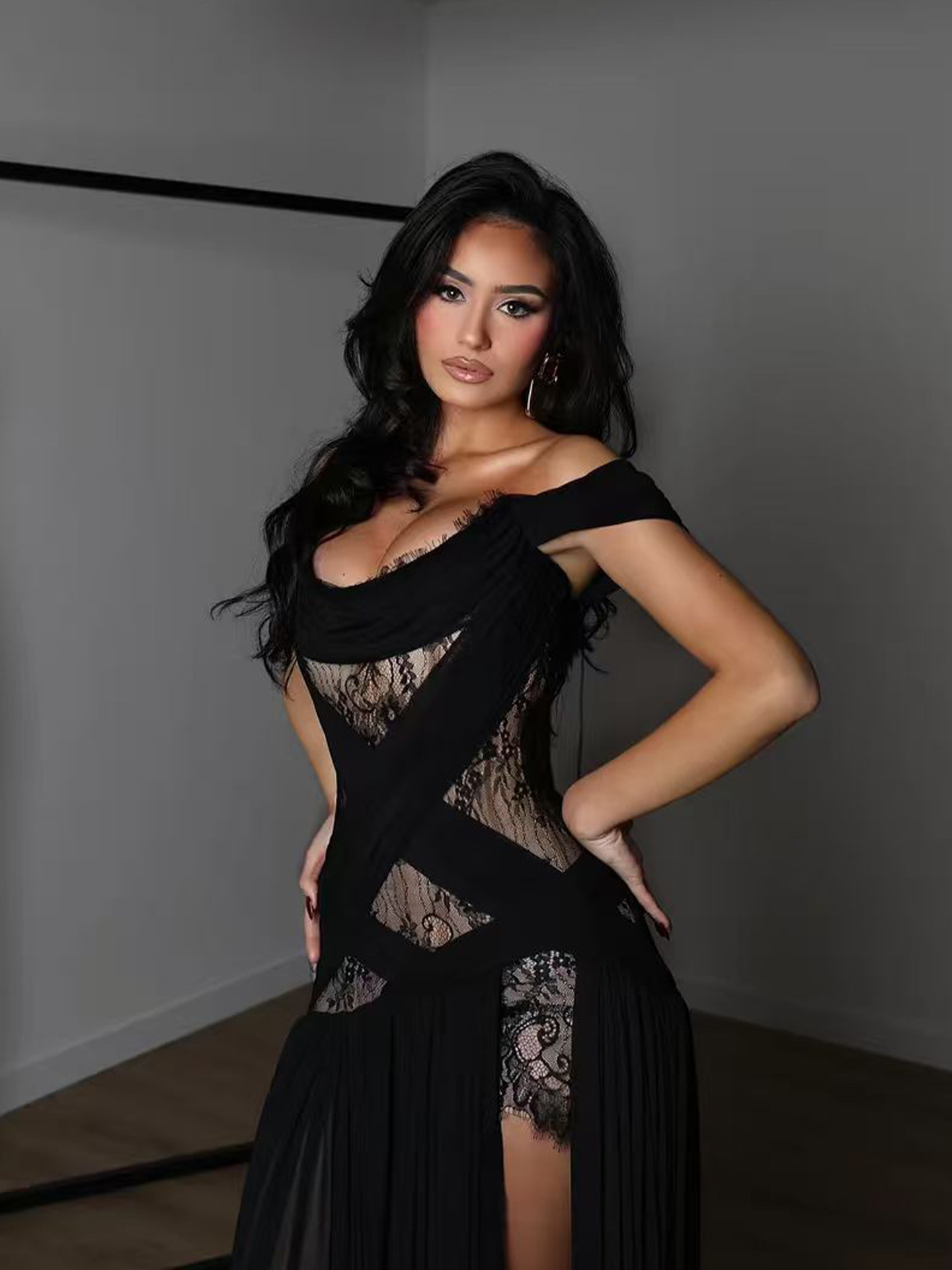 Robe longue élégante HG avec patchwork en dentelle, fente, sans bretelles, sexy, épaules dénudées, taille haute, nouvelle tendance, style gothique Y2K pour soirée