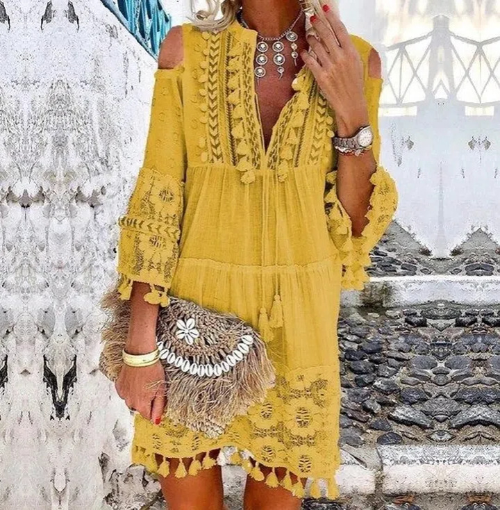 Plage Boho blanc dentelle mode ue Mini robe femmes automne Pop gland lâche col en V robes dame femme vêtements
